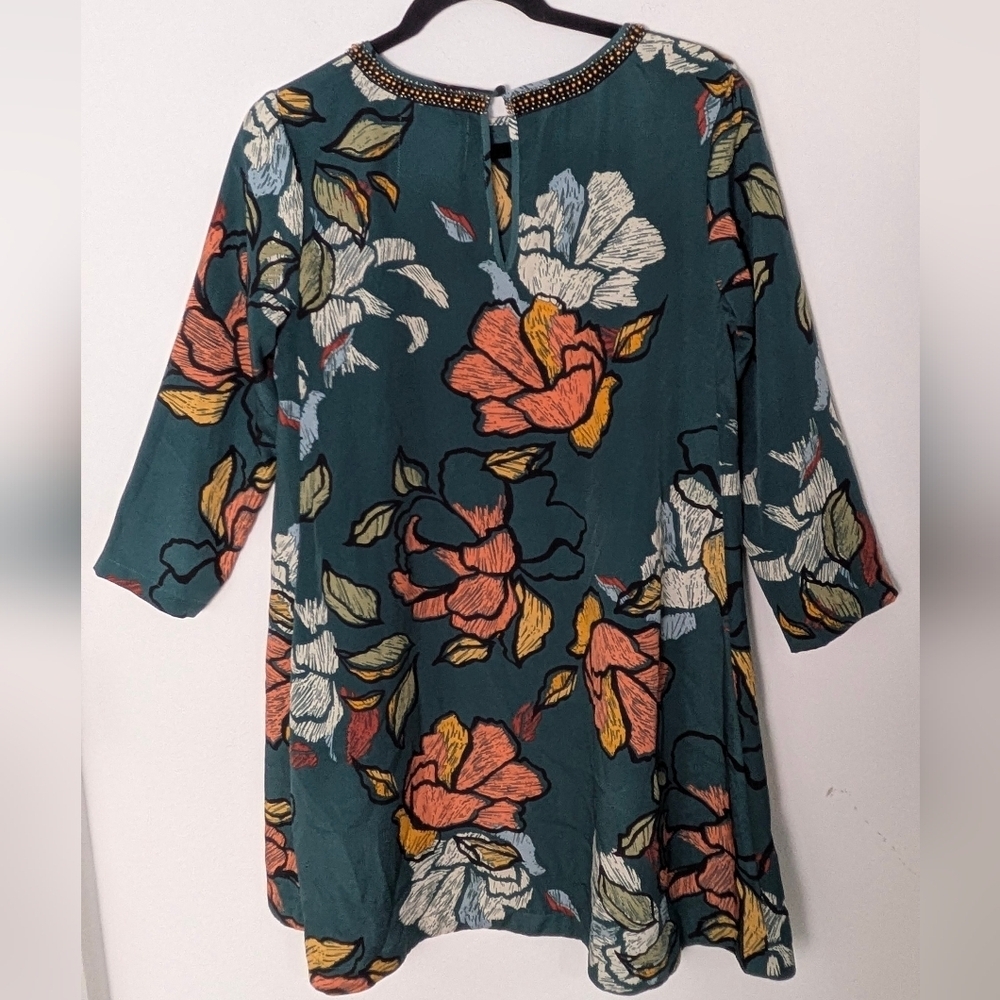 Maeve Anthropologie Mini Dress Green Peonies 3/4 Sleeve Small Beaded Neck Sz PS - Picture 6 of 14